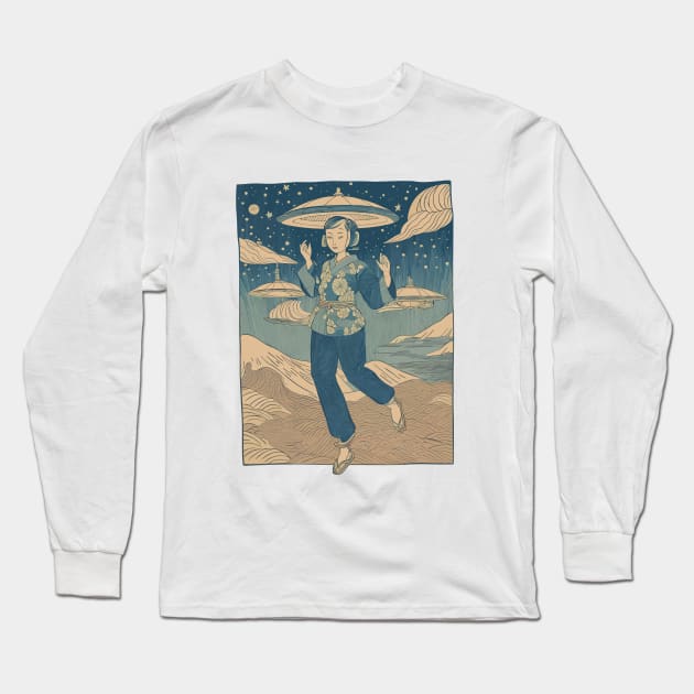 Escaping UFO (Japanese Ukiyo-e Woodblock Print) Long Sleeve T-Shirt by Funky Edge Underground